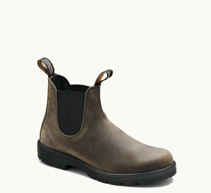 A single Chelsea-style ankle boot in dark brown distressed leather with black elastic side panels and a black sole, photographed on a clean off-white background.