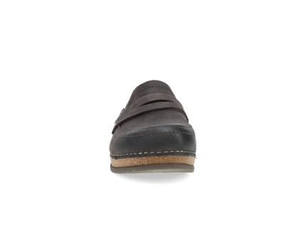 Dansko Maggy open‑back clog with burnished leather and cork/EVA midsole.