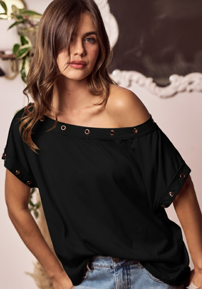 Metal Trim Eyelet Top