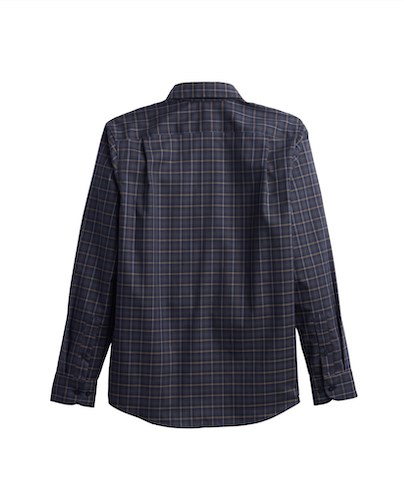 A Pendleton Warren long-sleeve plaid button-up shirt shown from the back, featuring a dark navy base with thin brown and light blue grid lines, set against a plain white background.