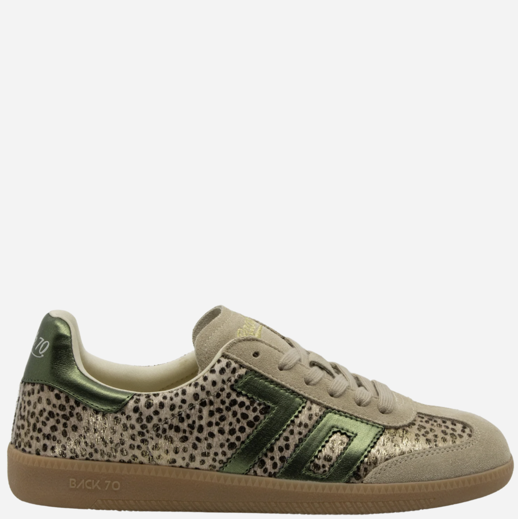 A low-top Back 70 sneaker featuring a beige and brown leopard print pattern, metallic gold glitter panels, olive green accents on the side stripes and heel tab, and a tan gum sole.