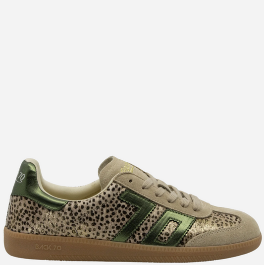 A low-top Back 70 sneaker featuring a beige and brown leopard print pattern, metallic gold glitter panels, olive green accents on the side stripes and heel tab, and a tan gum sole.