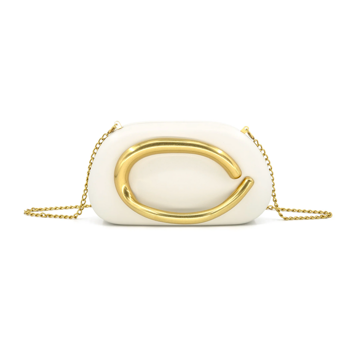A white faux-marble clutch bag with a large gold metal C-shaped accent on the front and a gold chain strap, shown against a plain white background.