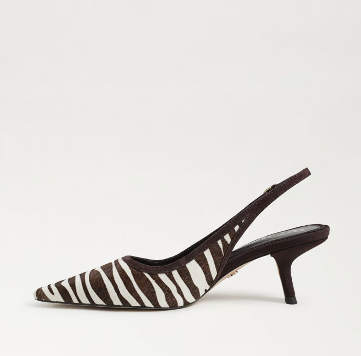 Sam Edelman Bianka Slingback Pump in chocolate/ivory zebra print with pointed toe and block heel.