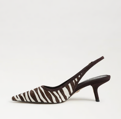 Sam Edelman Bianka Slingback Pump in chocolate/ivory zebra print with pointed toe and block heel.