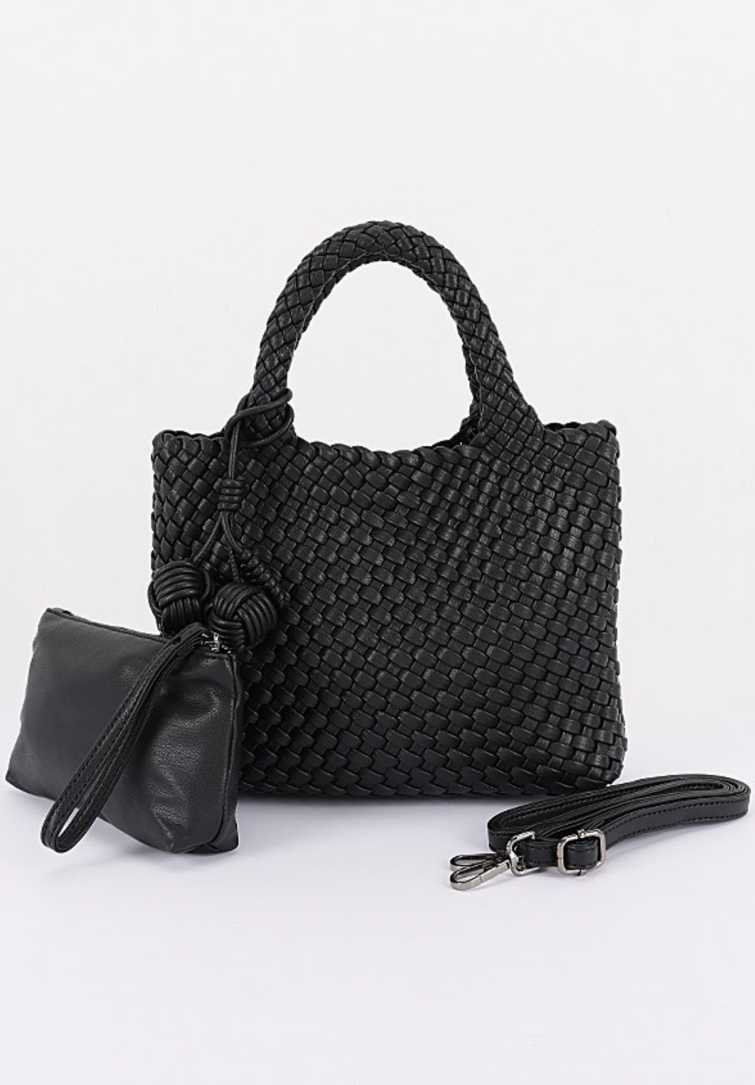 Braided‑texture tote bag in black with soft structure and roomy interior.