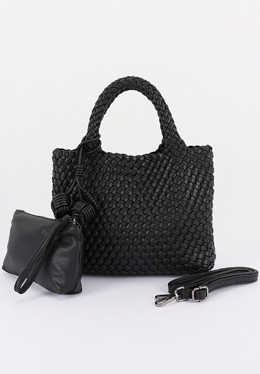 Braided‑texture tote bag in black with soft structure and roomy interior.