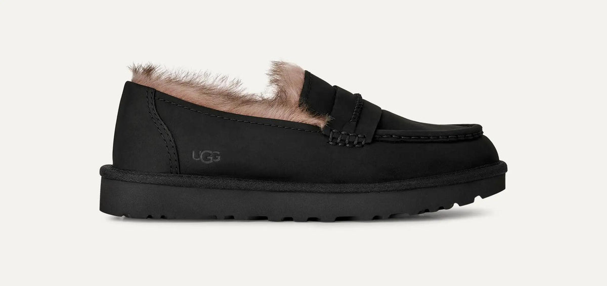 A single black UGG Ellis Nubuck slip-on loafer with a soft beige shearling lining visible at the collar, shown from a side profile on a light off-white background.
