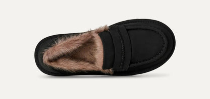 A single black UGG Ellis Nubuck slip-on mule shoe with a soft brown faux-fur lining, shown from a top-down view on a light off-white background.