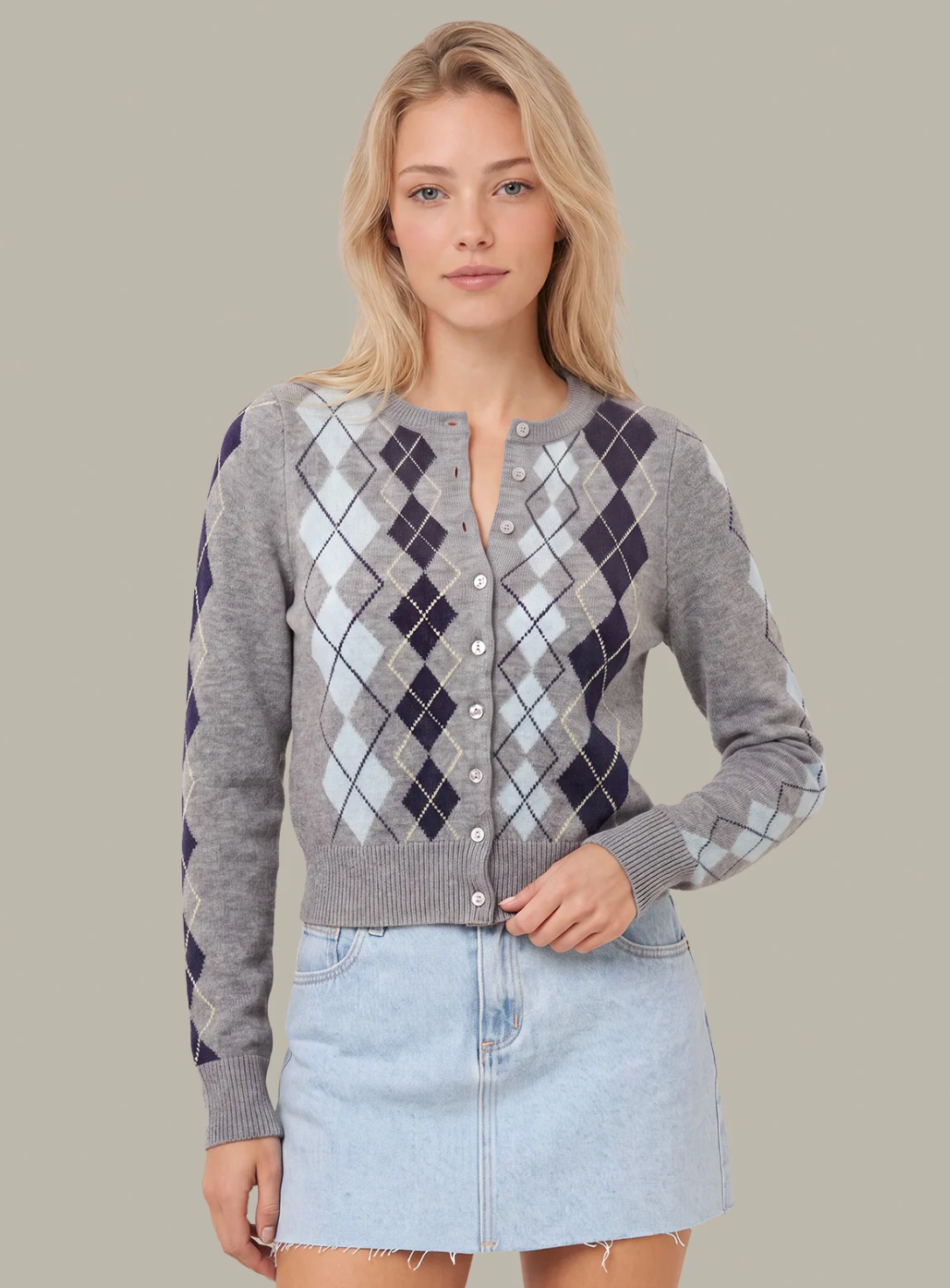 525 America Serena Argyle Cardigan with mid‑weight knit and classic argyle pattern.
