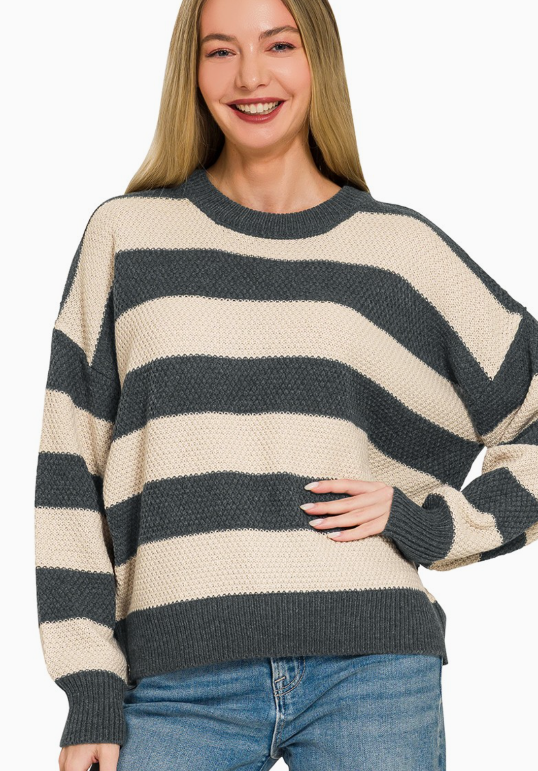 Striped crewneck sweater in dark green with a relaxed fit.