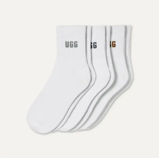 UGG Quinlin 3‑Pack quarter socks in blue, chestnut, and clover with soft plush knit.