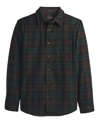 A long-sleeve button-up flannel shirt by Pendleton, featuring a dark green and brown plaid pattern with a chest pocket, shown on a plain white background.