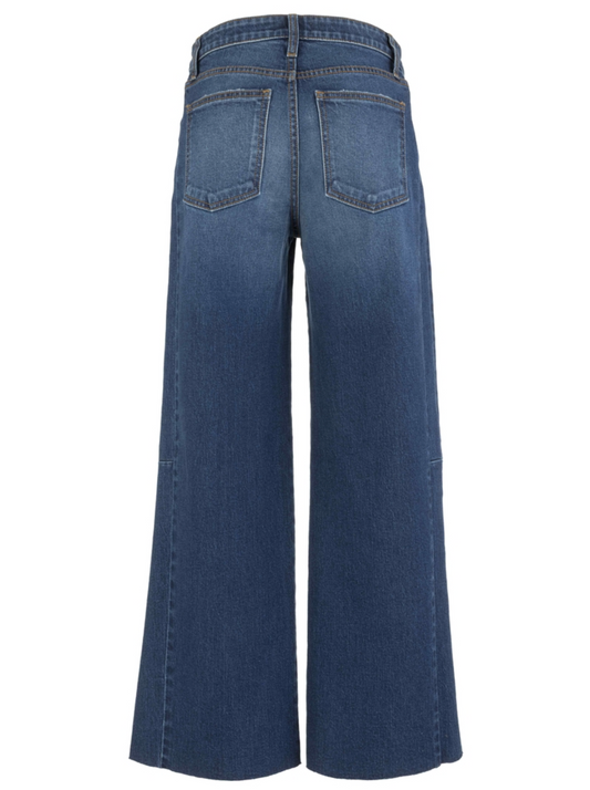 Kut Meg High Rise Raw Hem Jean in Curator wash with a full wide‑leg silhouette.