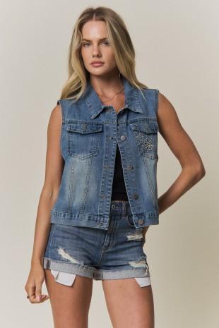 Floral Embroidered Denim Vest