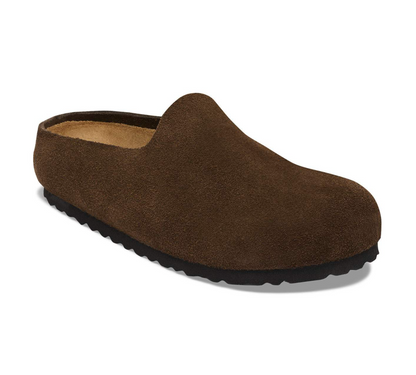 A single brown suede Birkenstock Amsterdam clog with a black textured sole, shown from a three-quarters angle on a white background.