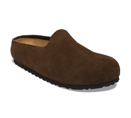 A single brown suede Birkenstock Amsterdam clog with a black textured sole, shown from a three-quarters angle on a white background.