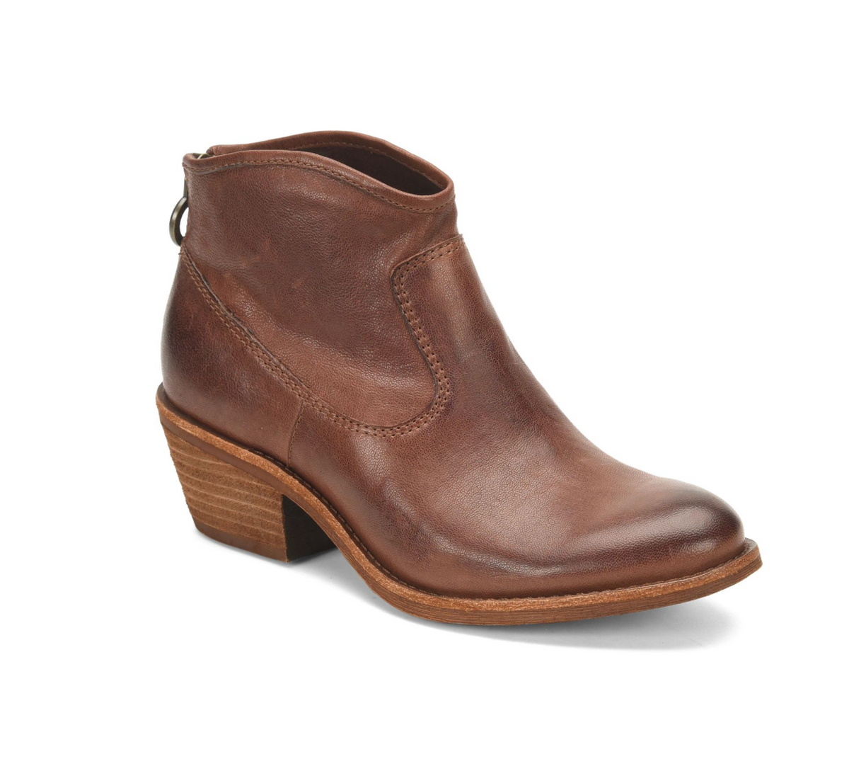 A Sofft Aisley brown leather ankle boot with a stacked wooden-look heel, shown from a three-quarters angle on a white background.