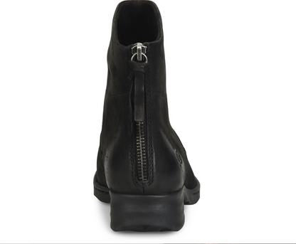 A Born Mercado black leather ankle boot shown from the back, featuring a side zipper with a silver metal pull tab and a low block heel, set against a plain white background.