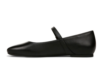 A single black leather Vionic Alameda  Mary Jane flat shoe with a rounded toe and a single strap across the instep, shown in profile against a plain white background.