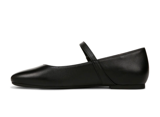 A single black leather Vionic Alameda  Mary Jane flat shoe with a rounded toe and a single strap across the instep, shown in profile against a plain white background.