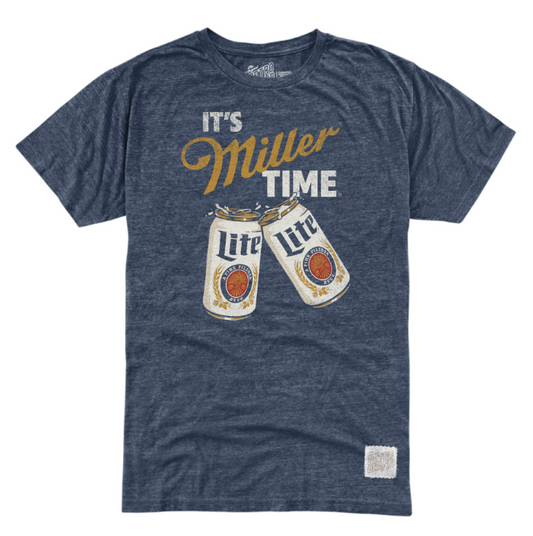 A heather navy blue t-shirt featuring a graphic print that reads 'IT'S Miller TIME' in white and gold lettering, above two clinking Miller Lite beer cans. The shirt is displayed flat against a solid white background.