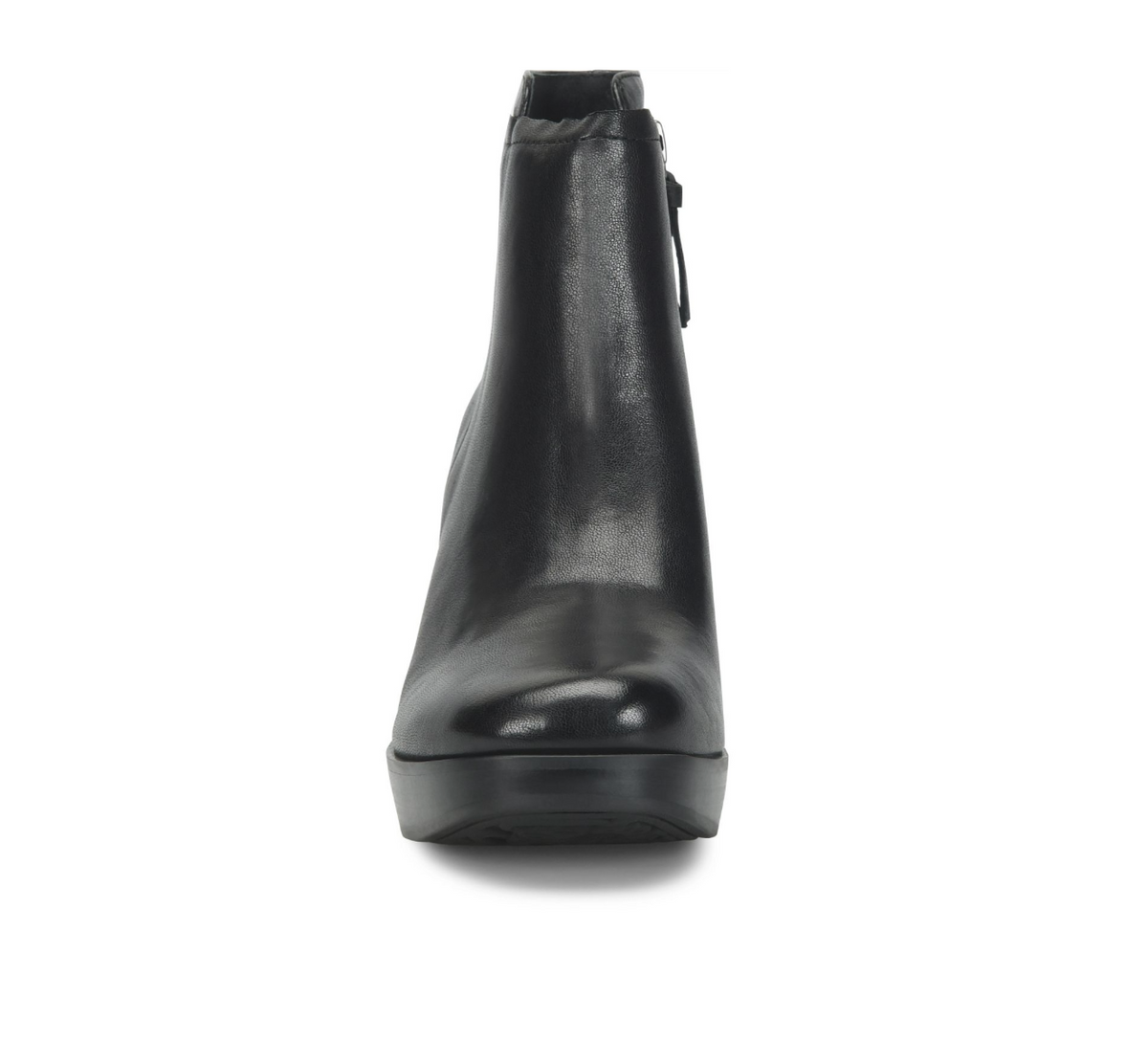 A single Sofft Kendall black leather ankle boot with a platform sole and side zipper, shown from a front-facing perspective on a white background.