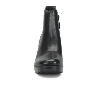 A single Sofft Kendall black leather ankle boot with a platform sole and side zipper, shown from a front-facing perspective on a white background.