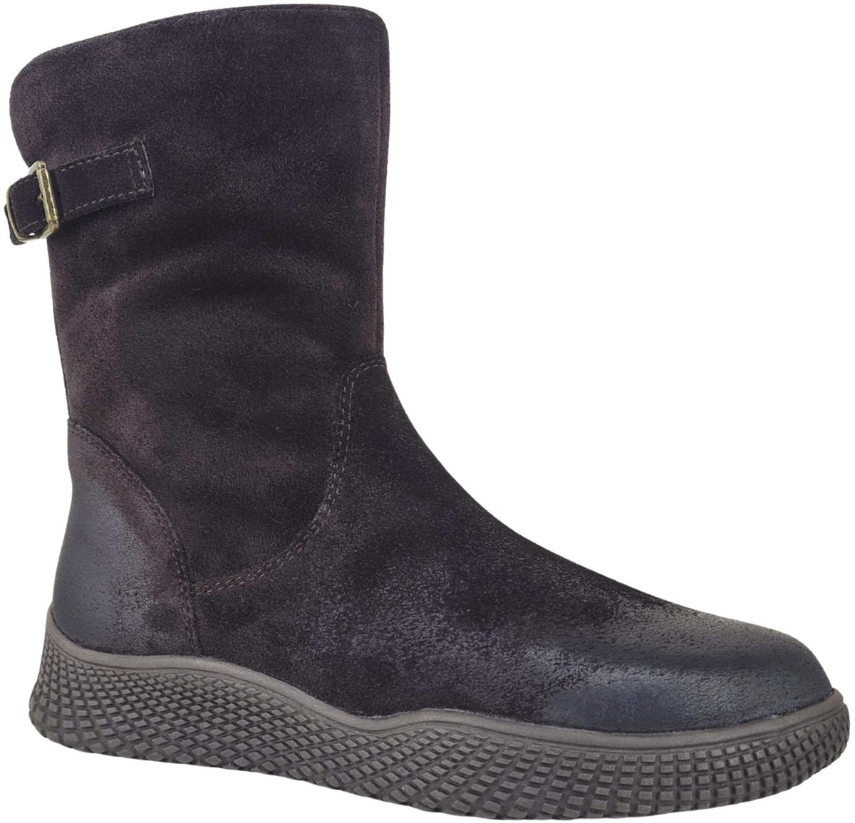 A dark brown suede Salvia Louise WP ankle boot with a textured sole and a small gold buckle strap on the side, shown against a plain white background.