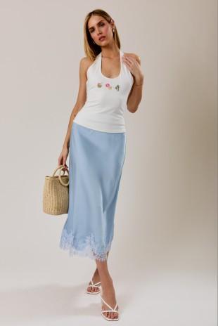 Lace Applique Satin Midi Skirt