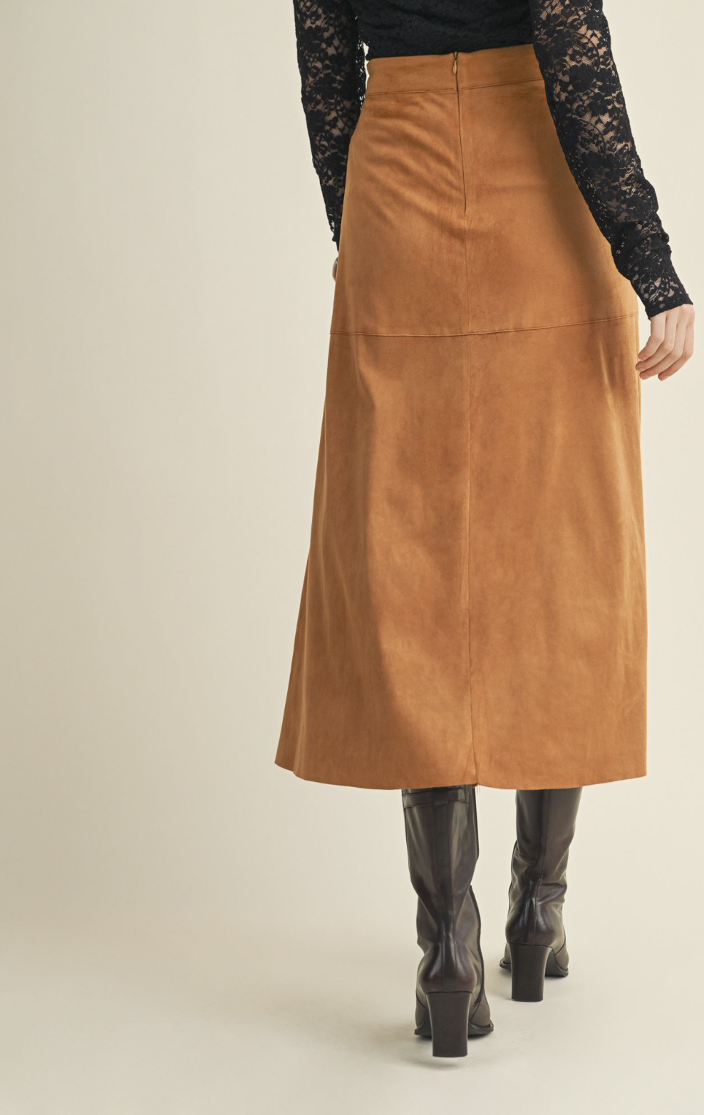 Mustard Seed faux‑suede A‑line skirt in beige or camel with soft texture and flattering silhouette.