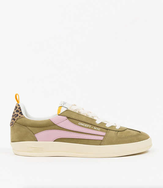 Oncept taupe sneaker shoe with brand logo on a white background
