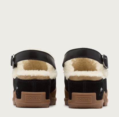 A pair of Sorel clogs shown from the back, featuring black suede and faux-leather uppers with a thick white shearling lining, brown rubber soles, and the Sorel brand name embossed on the heel.
