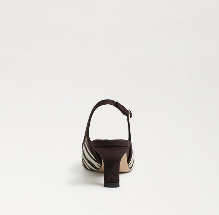 Sam Edelman Bianka Slingback Pump in chocolate/ivory zebra print with pointed toe and block heel.