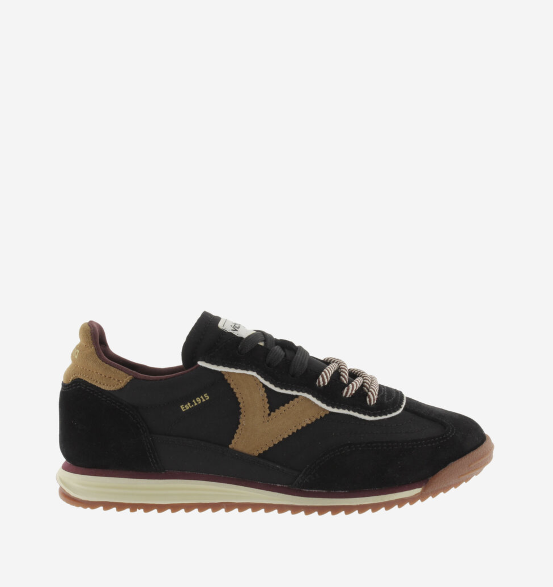 Victoria Saturno Sneaker in black with nylon‑suede upper and retro runner silhouette.
