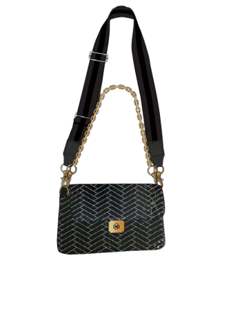 A Think Royln black shoulder bag with a textured chevron pattern, featuring a wide black shoulder strap, a gold-tone chain link accent, and a small gold clasp on the front.