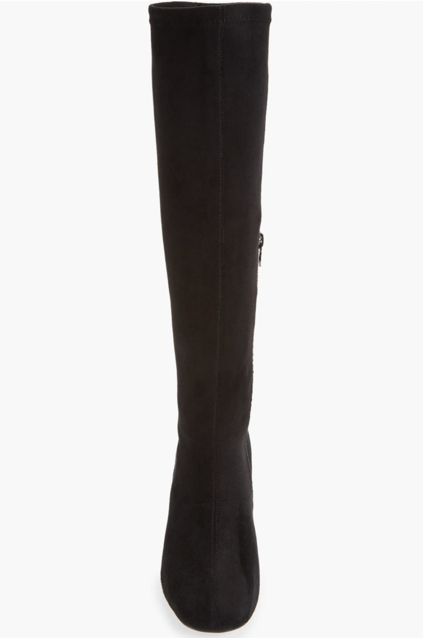 A single black over-the-knee boot shown from a front-facing angle against a plain white background.