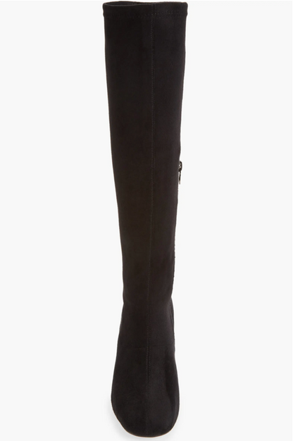 A single black over-the-knee boot shown from a front-facing angle against a plain white background.