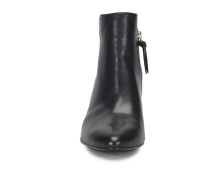 A Sofft Sasha black leather ankle boot with a side zipper and a small hanging pull tab, shown from a front-facing perspective on a white background.
