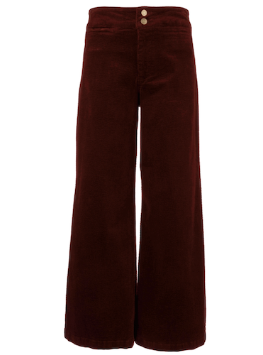 A pair of Kut Meg dark burgundy wide-leg corduroy pants with a button closure at the waist, shown against a plain white background.