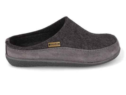 Grey wool‑felt Haflinger Skane slipper with contoured footbed and structured silhouette.