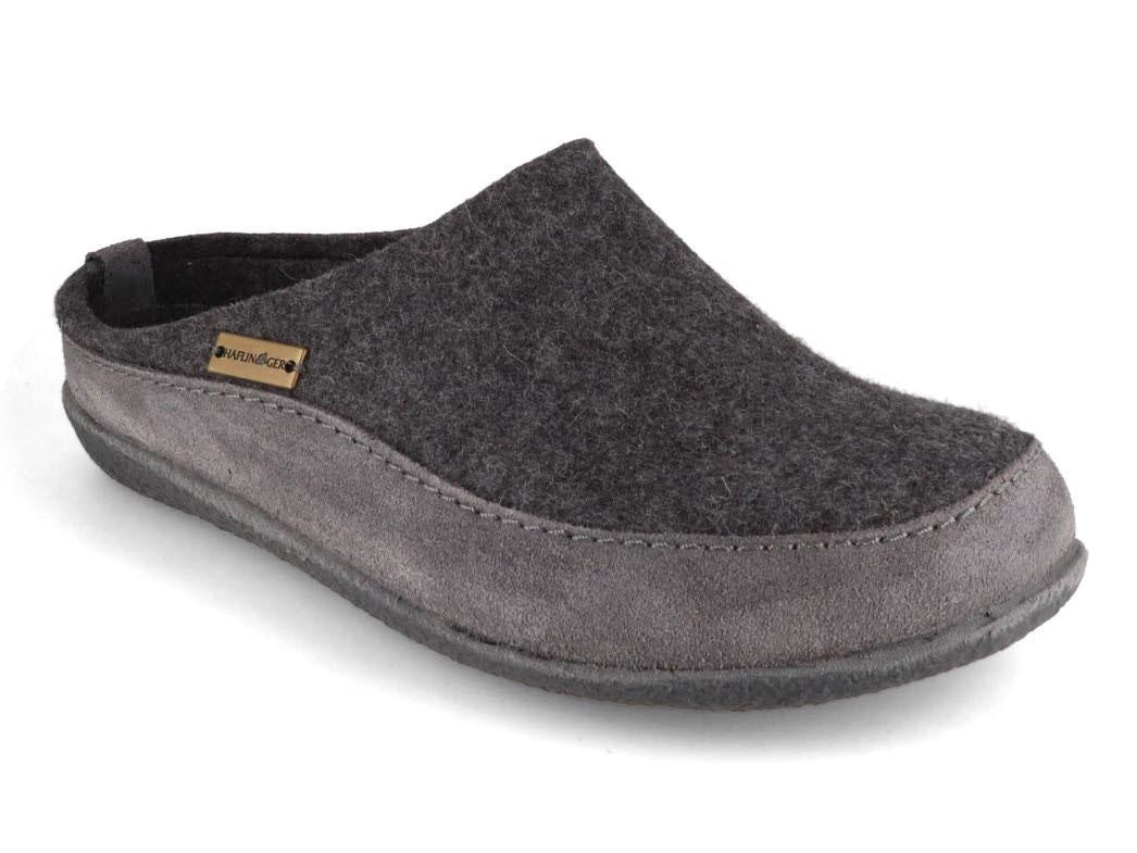 Grey wool‑felt Haflinger Skane slipper with contoured footbed and structured silhouette.