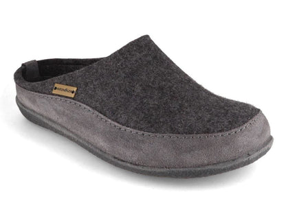 Grey wool‑felt Haflinger Skane slipper with contoured footbed and structured silhouette.
