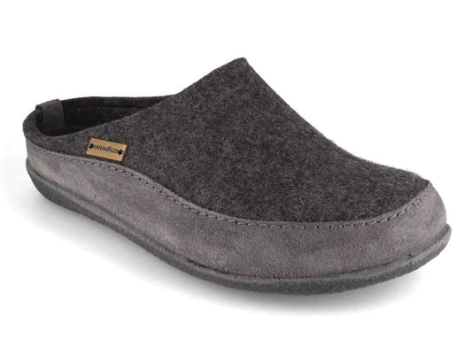 Grey wool‑felt Haflinger Skane slipper with contoured footbed and structured silhouette.