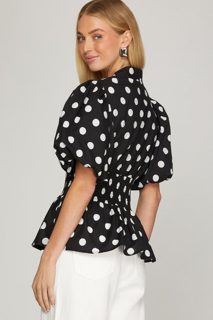 She + Sky Puff Sleeve Polka Dot Top
