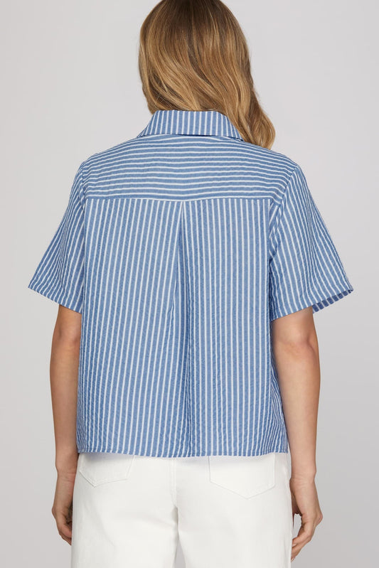 She + Sky Short Sleeve Woven Striped Shirt ST1163