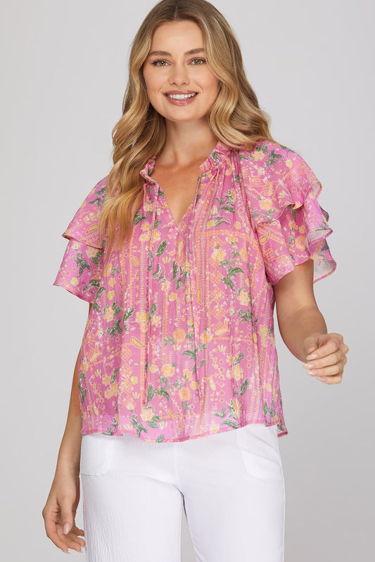 She + Sky Short Ruffled Sleeve Print Top ST1170
