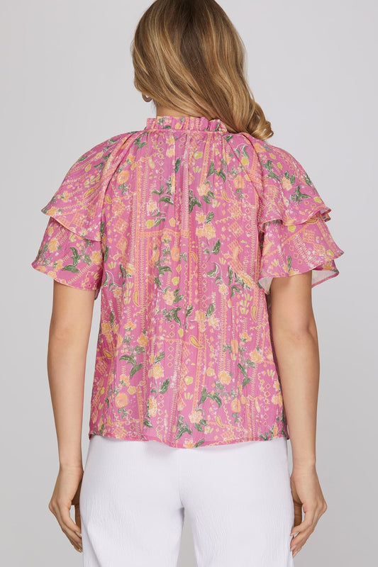 She + Sky Short Ruffled Sleeve Print Top ST1170