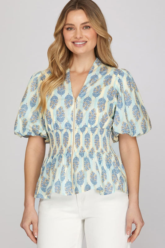She + Sky Puff Sleeve Woven Print Top ST1553