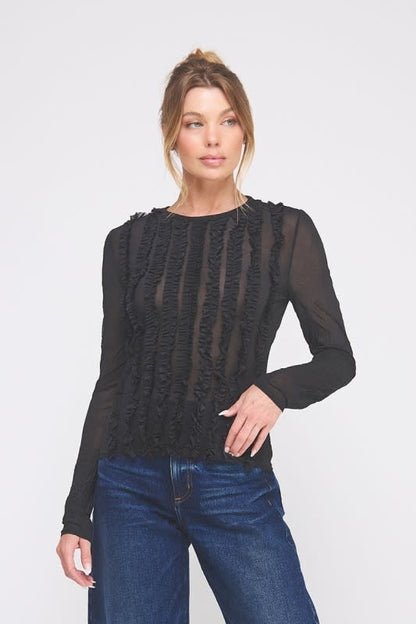 Crinkled Silky Sheer Long Sleeve